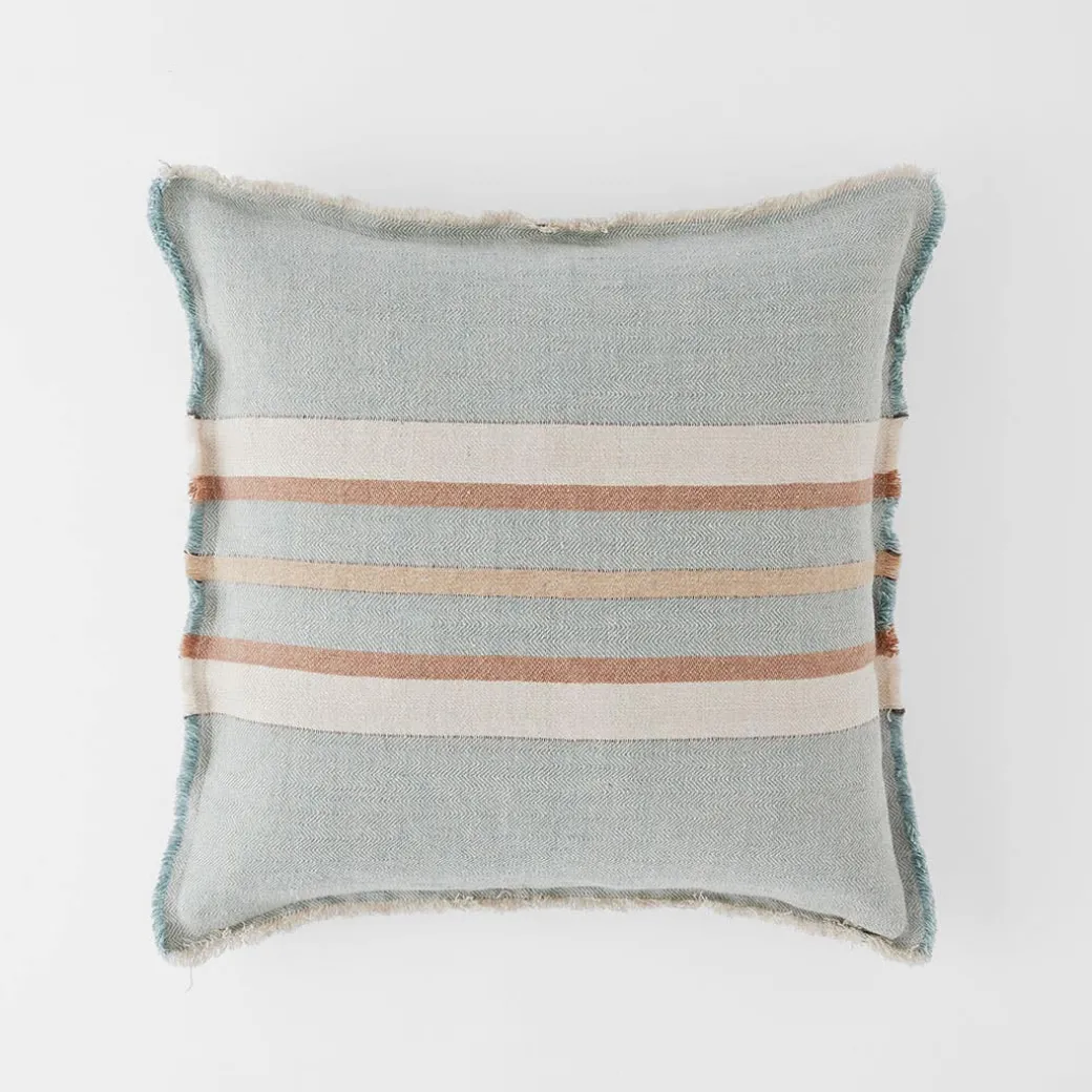 Everett Fringe Stripe Linen Cushion - Blue