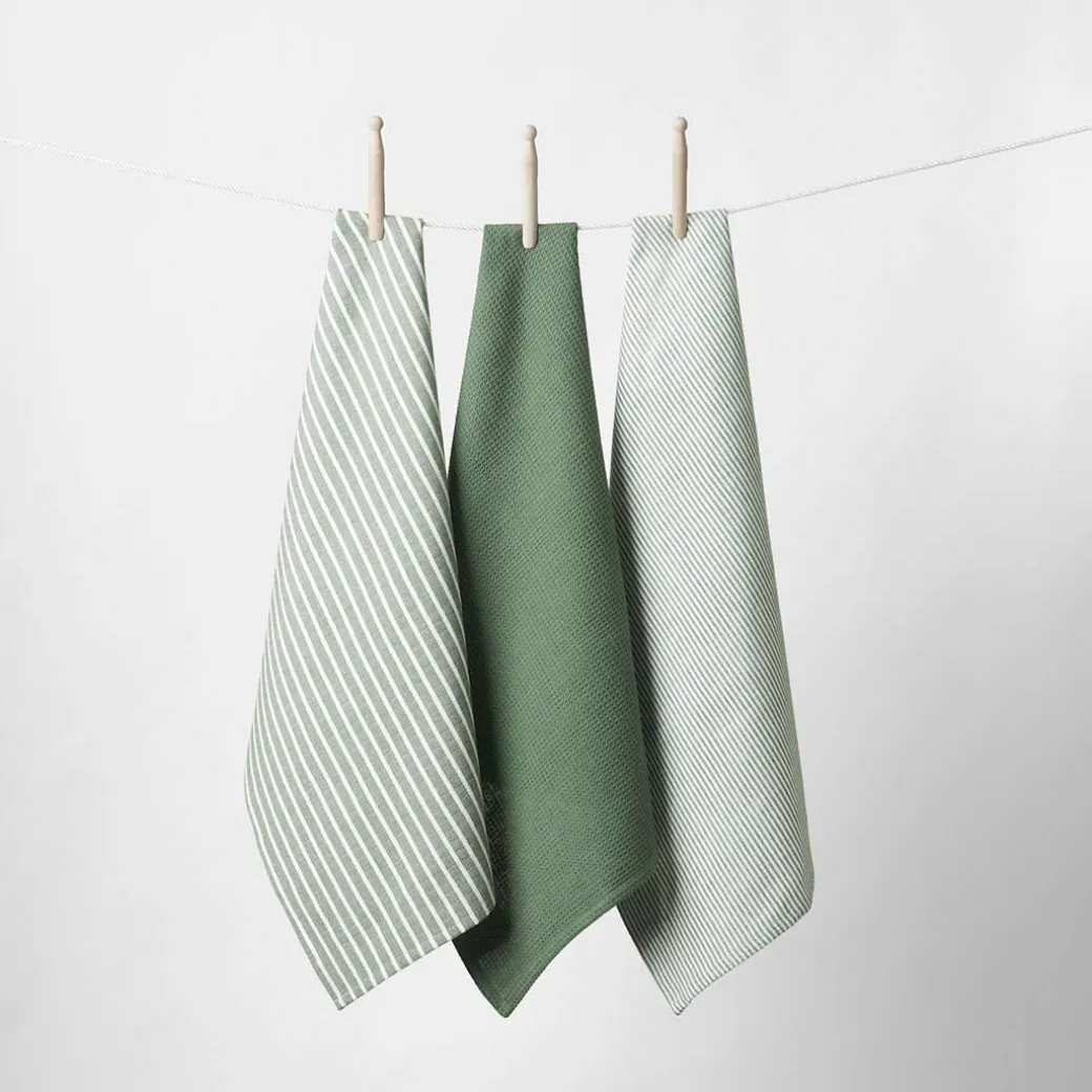 Yarn Dye Stripe Tea Towel Set Of 3 - Khaki